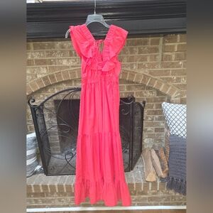 Japna Coral-Red Ruffle Strap Maxi Dress
